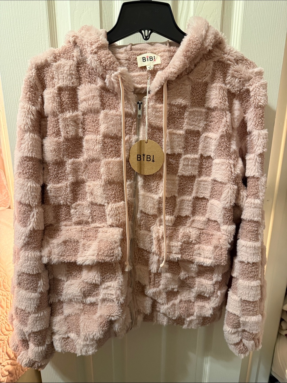BiBi Checker Plush Hooded Jacket in Blush Pink